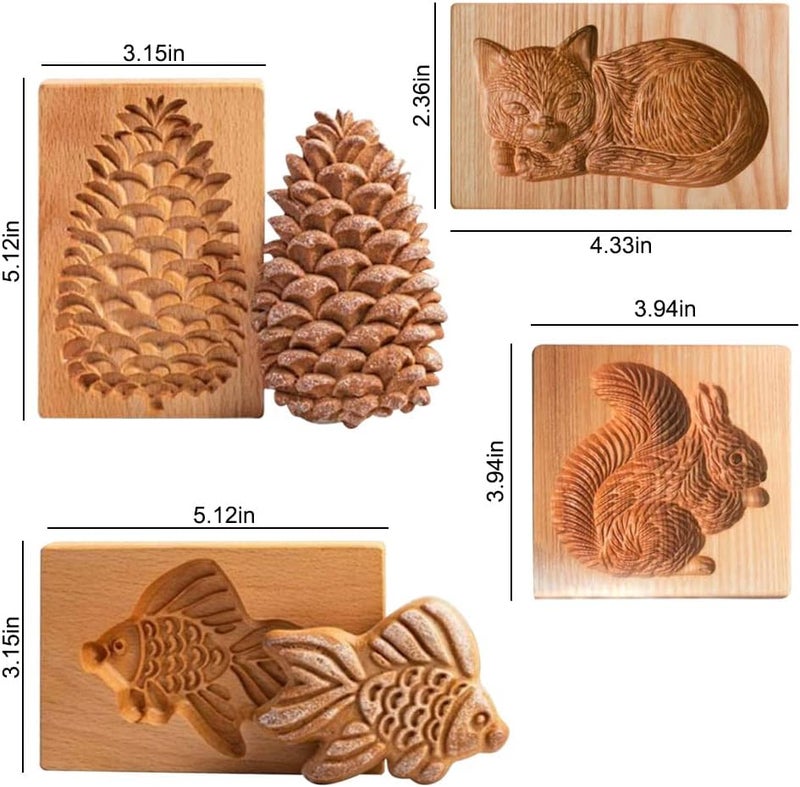 Yangshine 4 Pieces Wooden Cookie Molds Carved Wood Mold DIY Cookie Stamp Cookie Cutters Funny 3D Press Embossing Mold Animal Pattern Baking Tool - Image 5