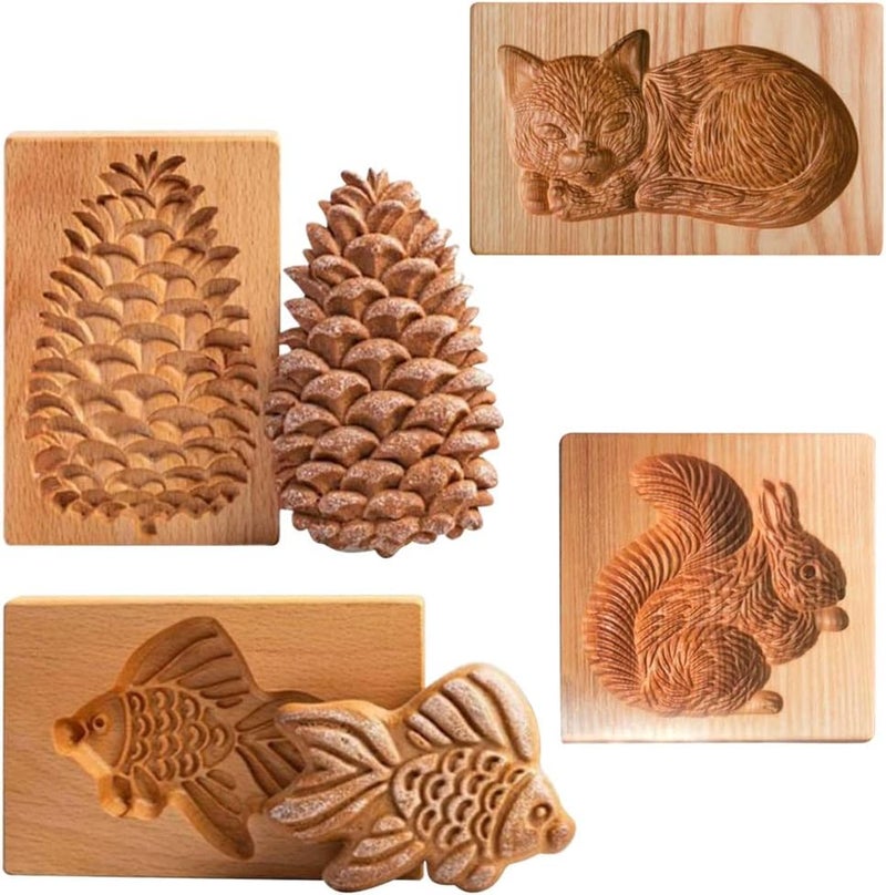 Yangshine 4 Pieces Wooden Cookie Molds Carved Wood Mold DIY Cookie Stamp Cookie Cutters Funny 3D Press Embossing Mold Animal Pattern Baking Tool - Image 1