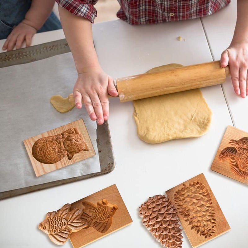 Yangshine 4 Pieces Wooden Cookie Molds Carved Wood Mold DIY Cookie Stamp Cookie Cutters Funny 3D Press Embossing Mold Animal Pattern Baking Tool - Image 2