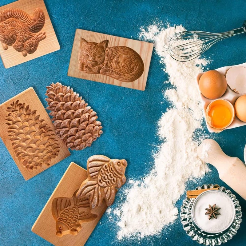 Yangshine 4 Pieces Wooden Cookie Molds Carved Wood Mold DIY Cookie Stamp Cookie Cutters Funny 3D Press Embossing Mold Animal Pattern Baking Tool - Image 3