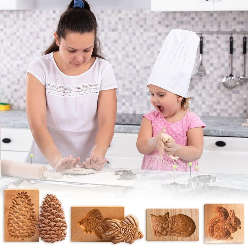Yangshine 4 Pieces Wooden Cookie Molds Carved Wood Mold DIY Cookie Stamp Cookie Cutters Funny 3D Press Embossing Mold Animal Pattern Baking Tool - Image 4