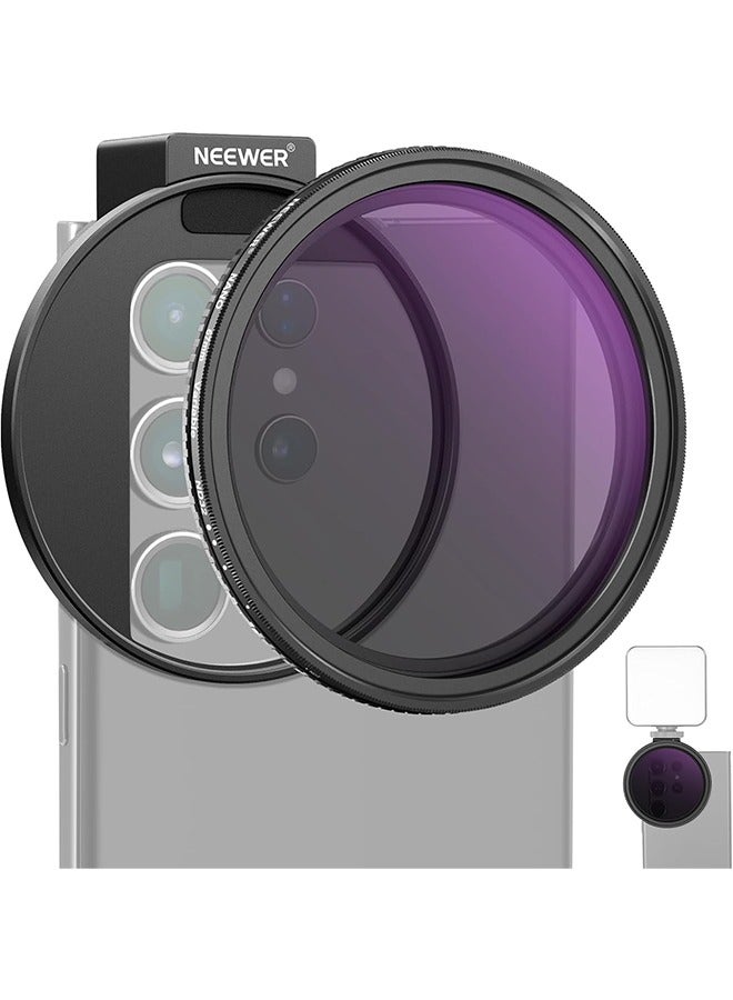 NEEWER 67mm Clip On Variable ND2-32 Phone Lens Filter Kit, Phone Clip w/Threaded Adapter Ring/Cold Shoe/Locking Knob, Variable ND Filter for iPhone 16 15 Pro Max Plus 14 13 Galaxy S22 S23 S24 Ultra - Image 1