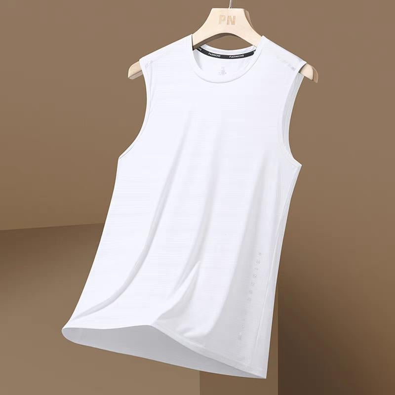[Fast Delivery] Summer Ice Silk Vest Mens Tide Crewneck Mesh Breathable Quick-drying Sports Wide Waistcoat Waistcoat Pure white [two-pole vest]] 