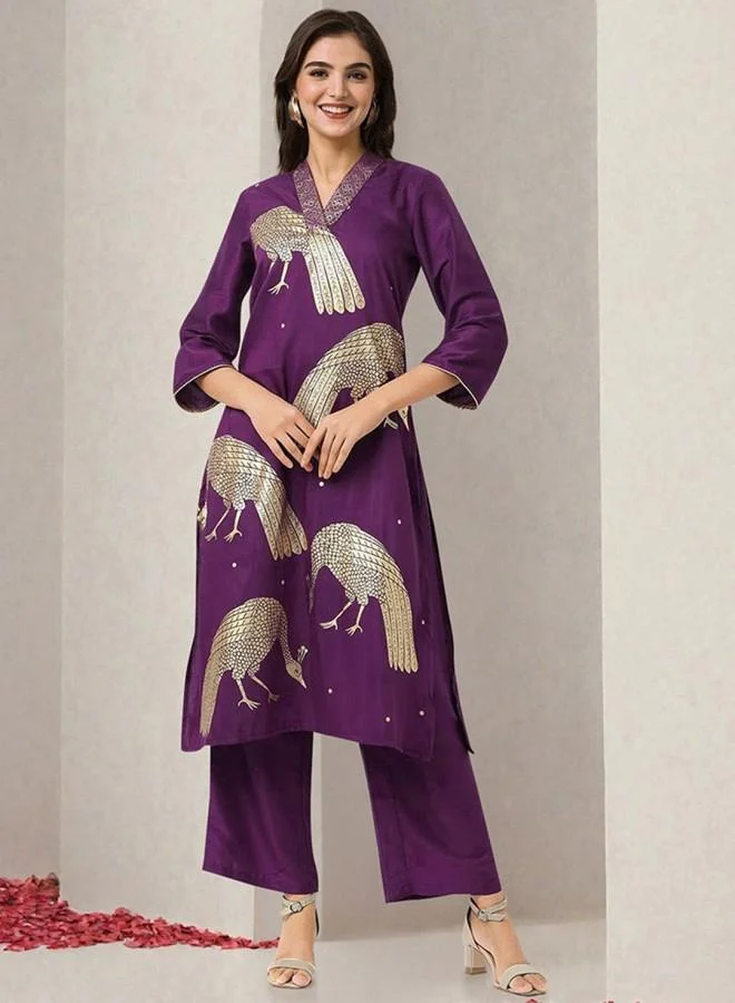 ISHIN Women'S Purple 100% Polyester Embroidered Tunic Full Length Palazzo Straight Fit Kurta Set