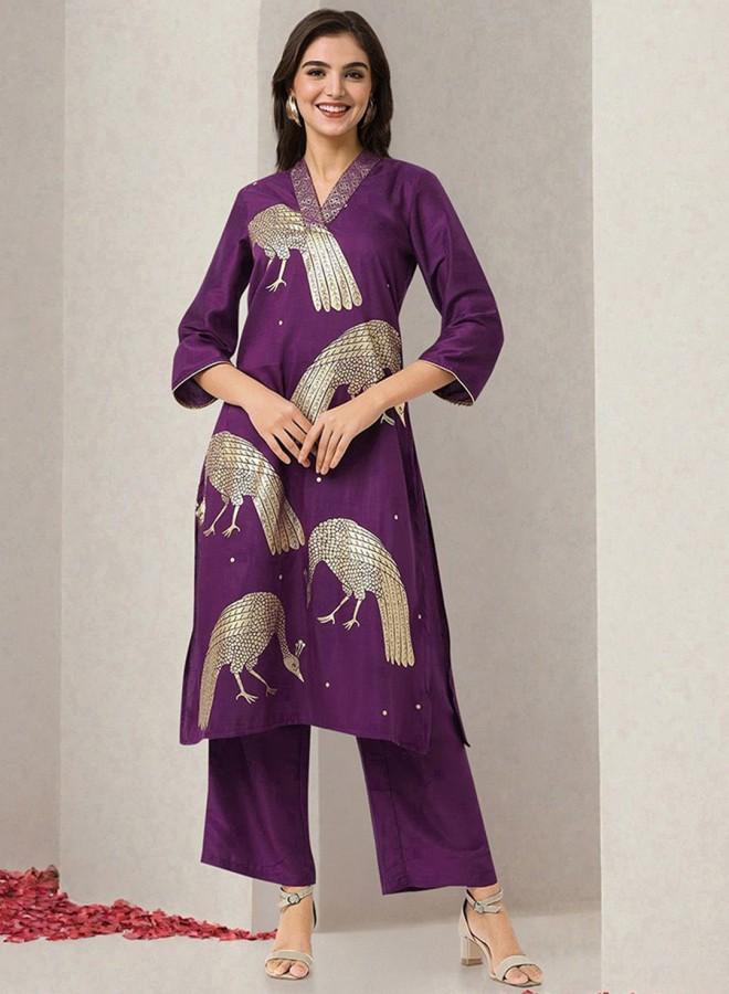 ISHIN Women'S Purple 100% Polyester Embroidered Tunic Full Length Palazzo Straight Fit Kurta Set - Image 1
