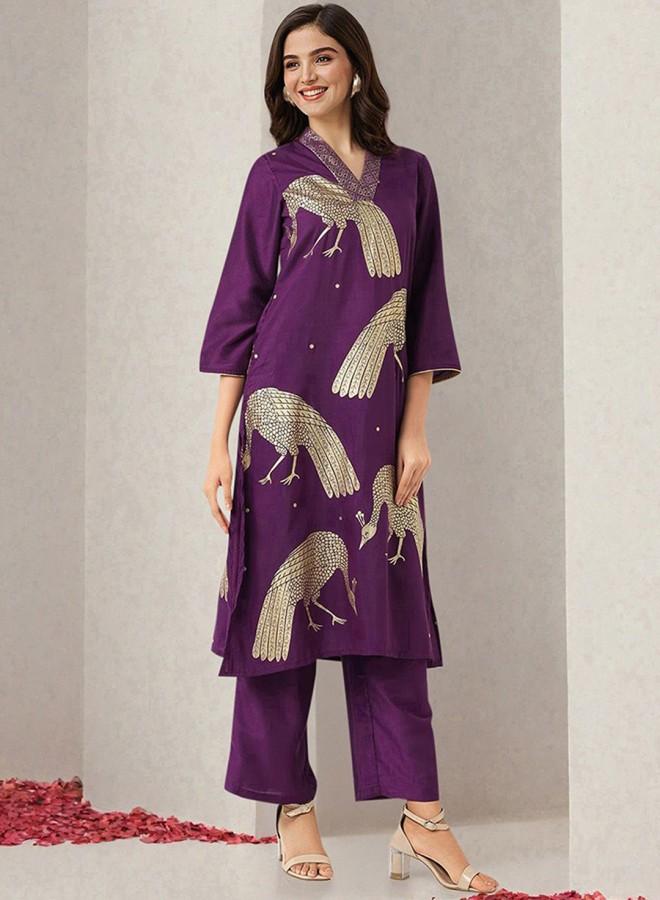 ISHIN Women'S Purple 100% Polyester Embroidered Tunic Full Length Palazzo Straight Fit Kurta Set - Image 3