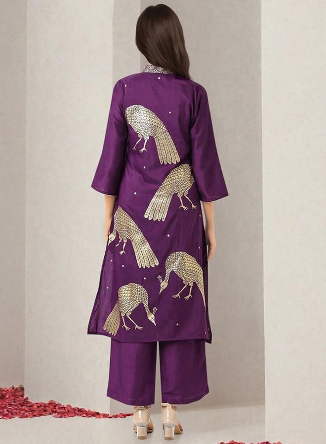 ISHIN Women'S Purple 100% Polyester Embroidered Tunic Full Length Palazzo Straight Fit Kurta Set - Image 5