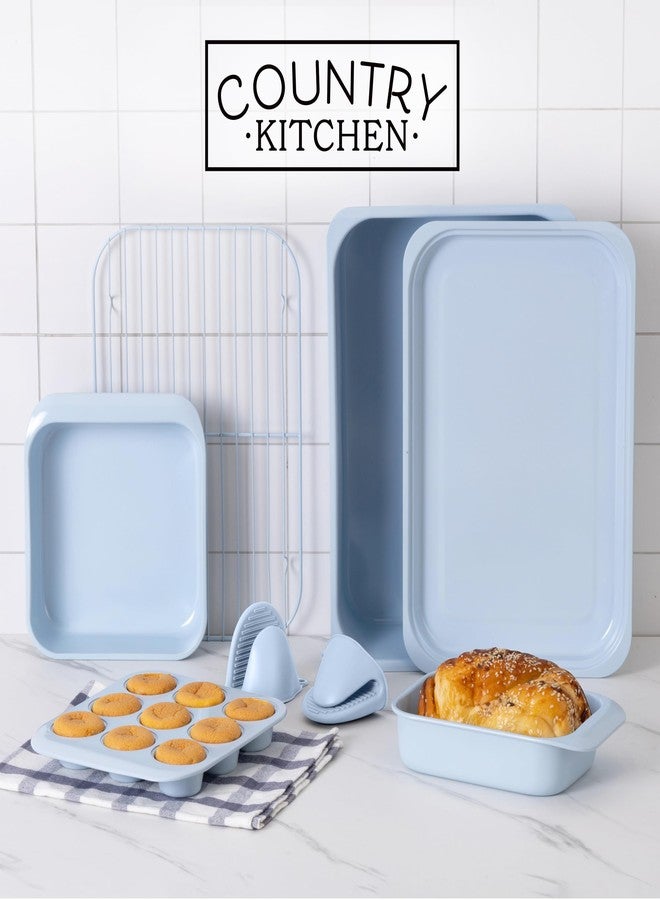 Country Kitchen طقم أدوات خبز قابلة للتكديس وغير لاصقة من كانتري كيتشن - طقم فاخر شديد التحمل، متين، سهل الفك، 8 قطع، أزرق فاتح - Image 2