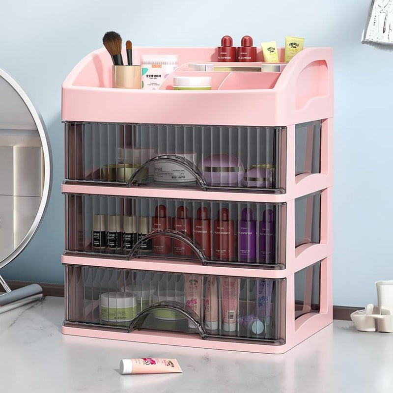 KREPS Countertop Makeup Organizer with Drawers Plastic Storage for Makeup Brush,Hair Accessories,Jewelry,Skincare Vanity Display Cases, Skin Care Products, Office Desk Organizer (3 Layer, Pink) - Image 2