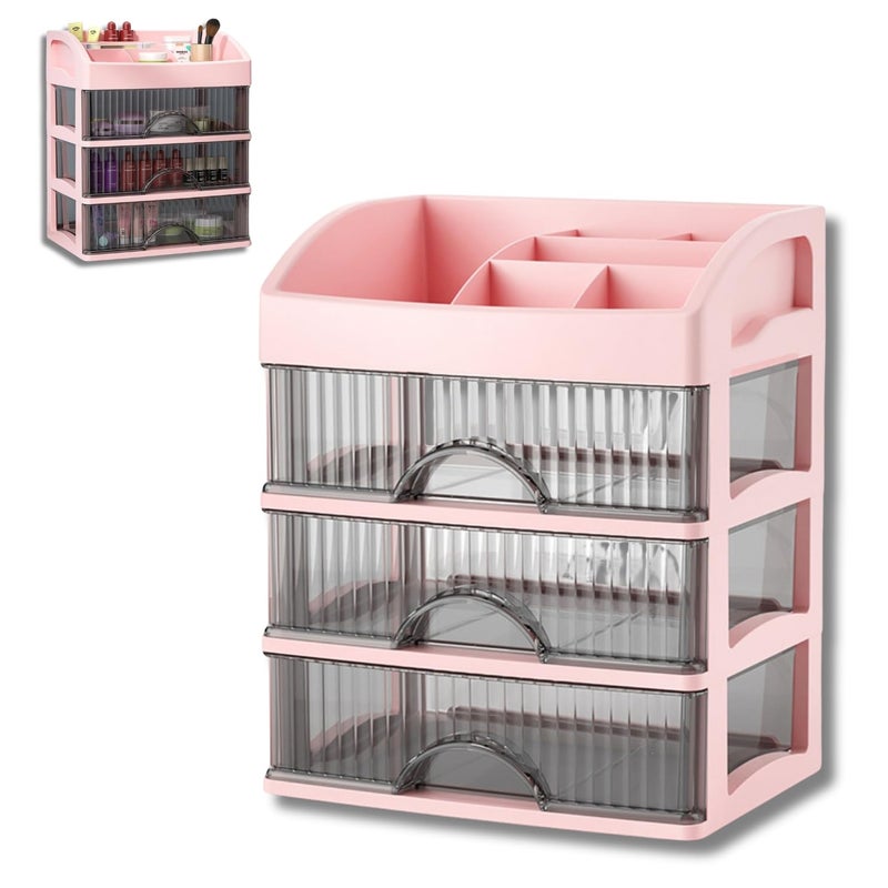 KREPS Countertop Makeup Organizer with Drawers Plastic Storage for Makeup Brush,Hair Accessories,Jewelry,Skincare Vanity Display Cases, Skin Care Products, Office Desk Organizer (3 Layer, Pink) - Image 1