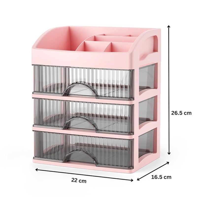 KREPS Countertop Makeup Organizer with Drawers Plastic Storage for Makeup Brush,Hair Accessories,Jewelry,Skincare Vanity Display Cases, Skin Care Products, Office Desk Organizer (3 Layer, Pink) - Image 3