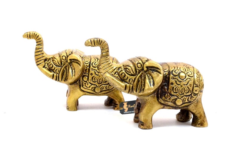 Two Moustaches Handcrafted Brass Elephant Showpiece Antique Yellow Standard Pack of 2 - Image 1