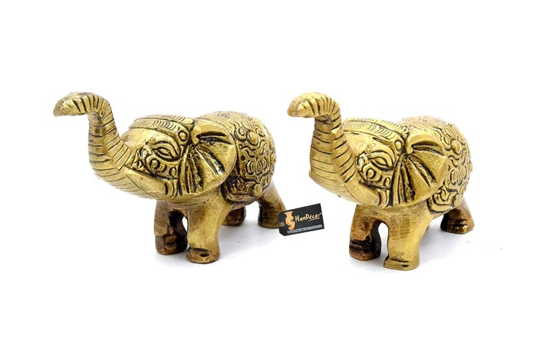 Two Moustaches Handcrafted Brass Elephant Showpiece Antique Yellow Standard Pack of 2 - Image 2