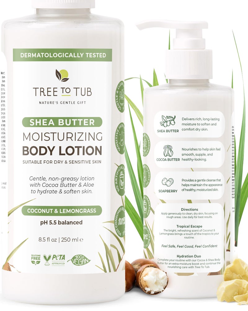 Tree to Tub Cocoa Butter Lotion for Sensitive Skin - Moisturizing Shea Butter Lotion for Extremely Dry Skin for Women & Men - Lemongrass & Coconut Body Cream w/Organic Aloe Vera, Colloidal Oatmeal - Image 1