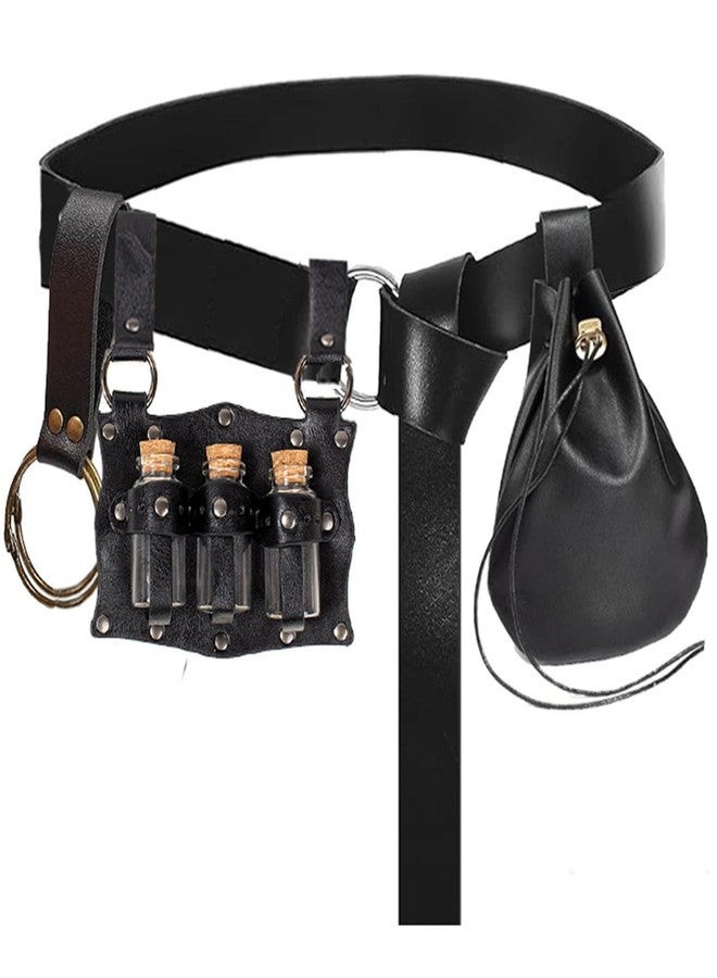 KOTORA Renaissance Costume Accessories Belt Pouch Potion Bottles Leather Holder Medieval Festival Halloween Costume Belt Waist Set (Black) - Image 1