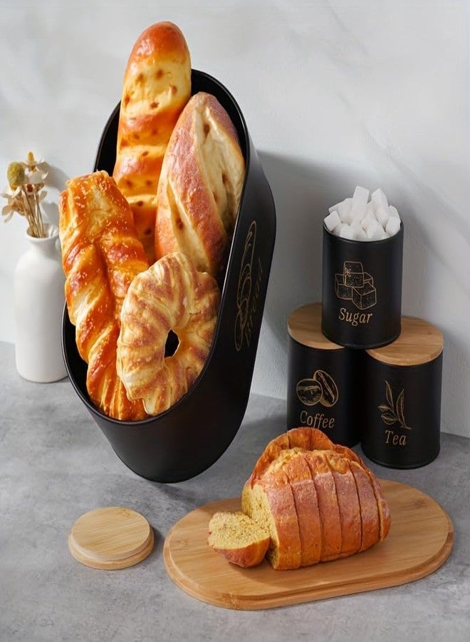 VBM Extra Large Bread Box with 4 Canisters Set Bread Bin with Bamboo Cutting Board Lid Countertop Storage for Bread, Sugar, Tea, Coffee, Biscuit Tin Set, Bread Holder Container for Kitchen - Image 2