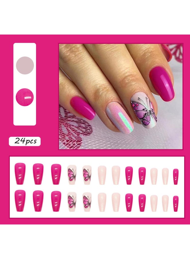 BSBTBZ 24Pcs Medium Press on Nails Long Solid Color Fake Nails with Shiny Gradient Purple Butterfly Design Glossy Artificial Acrylic Nails Stick on Nails Fashion False Nails for Women DIY Nails Decorations - Image 4