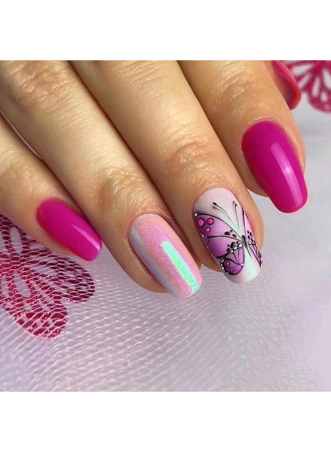 BSBTBZ 24Pcs Medium Press on Nails Long Solid Color Fake Nails with Shiny Gradient Purple Butterfly Design Glossy Artificial Acrylic Nails Stick on Nails Fashion False Nails for Women DIY Nails Decorations - Image 2
