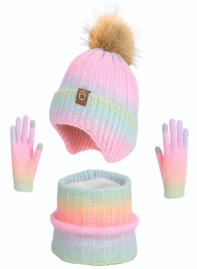 KMOLY Kids Winter Earmuffs Hat Scarf Touchscreen Gloves Set，Fleece Lined Beanie Neck Warmer for Boys Girls (Macaron Colors, 4-10Y) - Image 1