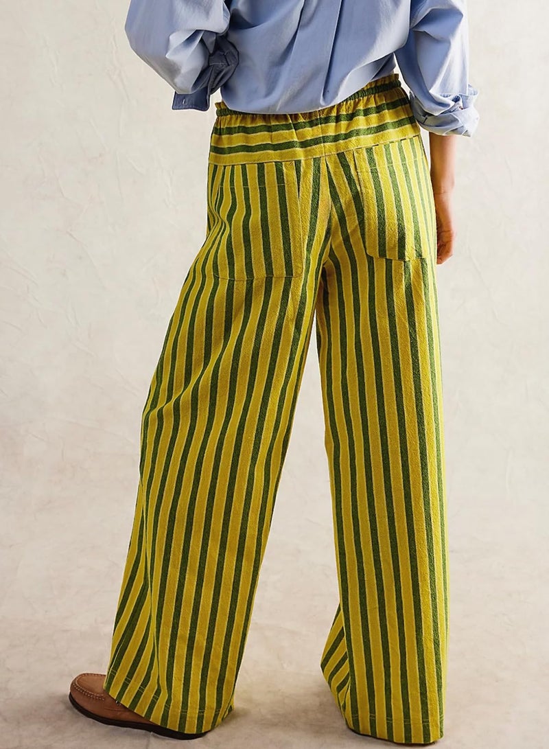 Acelitt Womens Casual Striped Color Block Pants Drawstring Elastic Waist 2026 Winter Fashion Comfy Loose Wide Leg Pants Trousers with Pockets Yellow XL - Image 2