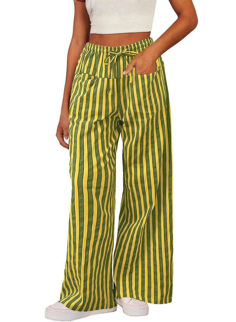 Acelitt Womens Casual Striped Color Block Pants Drawstring Elastic Waist 2026 Winter Fashion Comfy Loose Wide Leg Pants Trousers with Pockets Yellow XL - Image 1