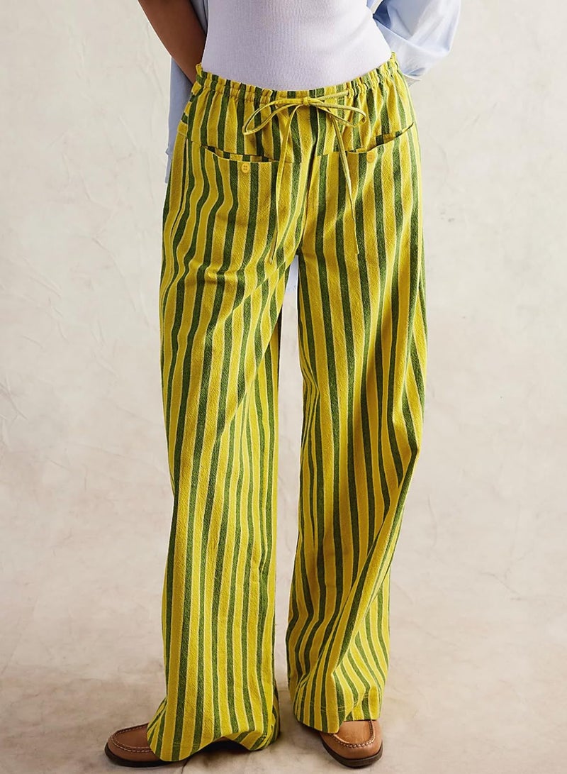 Acelitt Womens Casual Striped Color Block Pants Drawstring Elastic Waist 2026 Winter Fashion Comfy Loose Wide Leg Pants Trousers with Pockets Yellow XL - Image 3