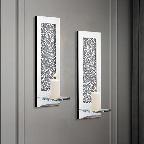 Pibeyer Crystal Crush Diamond Wall Candle holder set of 2, Rectangle Silver Mirrored Candle Sconces, Home Wall decoration for Living Room,Dining Room & Bedroom - Image 4