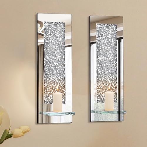Pibeyer Crystal Crush Diamond Wall Candle holder set of 2, Rectangle Silver Mirrored Candle Sconces, Home Wall decoration for Living Room,Dining Room & Bedroom - Image 2