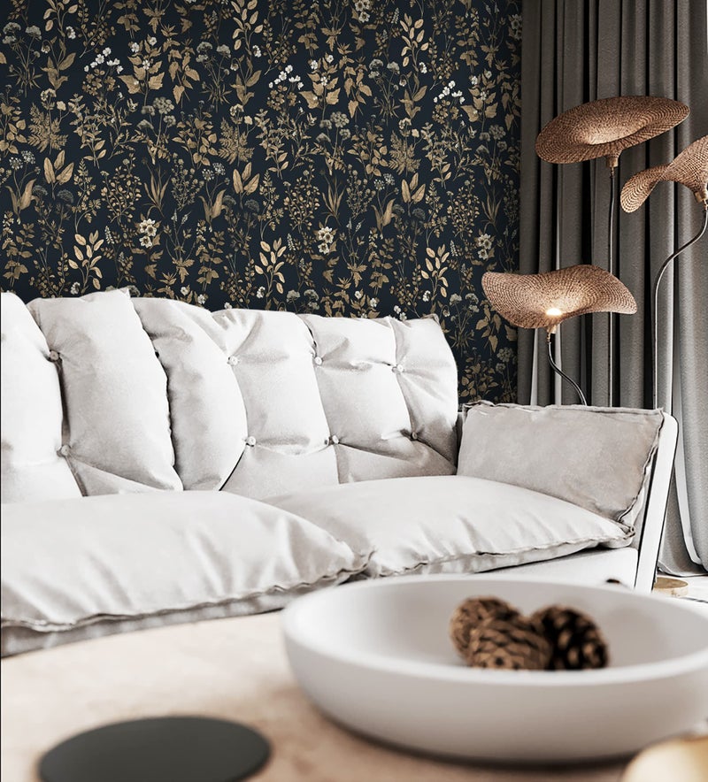 Dimoon 787x161 Delicate Floral Peel and Stick Wallpaper Black Golden Thicken Waterproof Leaf Vintage Flower Contact Paper Self Adhesive Wallpaper Removable Shelf Liner Decal Vinyl Roll