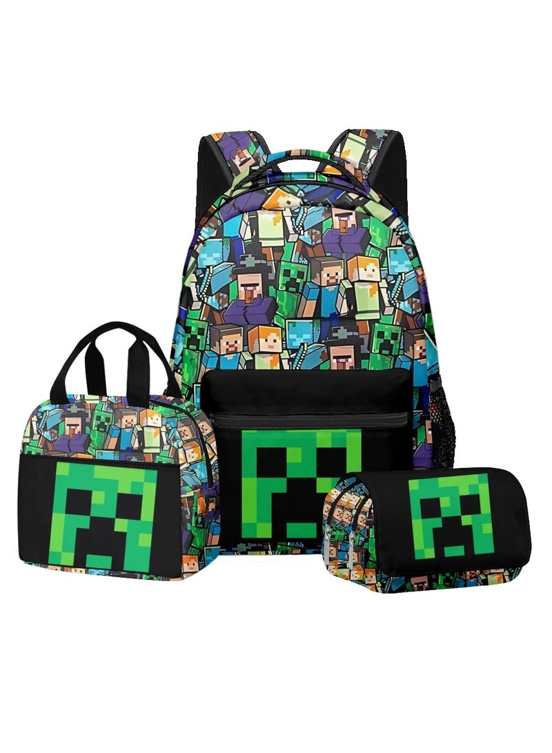 general Minecraft School Bag, Backpack Lunch Bag Double Pencil Case Three-Piece Set for Primary and Secondary School Students - Image 1