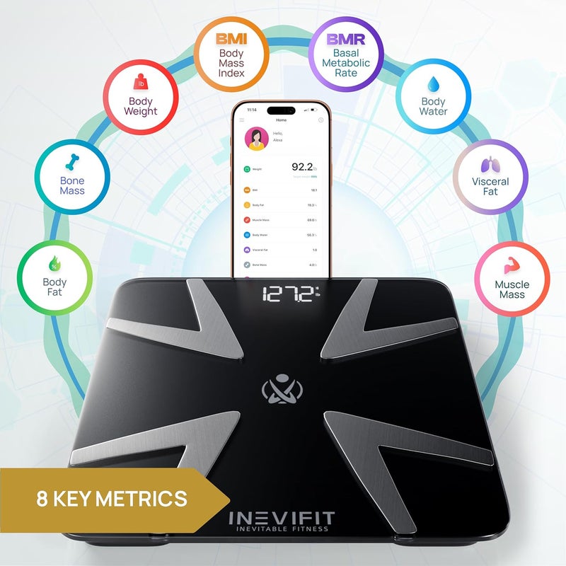 إنيفي فيت ميزان إينيفيت الذكي لقياس دهون الجسم، محلل تكوين الجسم الرقمي بدقة عالية عبر البلوتوث للحمام، يقيس الوزن ودهون الجسم والماء والعضلات ومؤشر كتلة الجسم والدهون الحشوية وكتلة العظام لعدد غير محدود من المستخدمين - Image 2