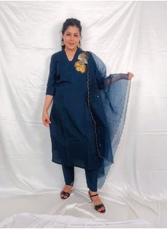 PRIYA’S PANACHE PRIYA'S PANACHE Royal Blue Silk Straight Kurta Pant Set with Collared Neck & Organza Dupatta.  - Image 3