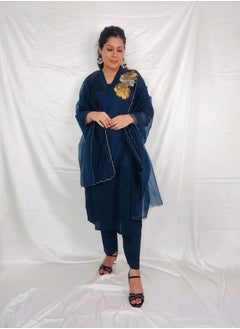 PRIYA’S PANACHE PRIYA'S PANACHE Royal Blue Silk Straight Kurta Pant Set with Collared Neck & Organza Dupatta.  - Image 2