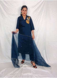 PRIYA’S PANACHE PRIYA'S PANACHE Royal Blue Silk Straight Kurta Pant Set with Collared Neck & Organza Dupatta.  - Image 4