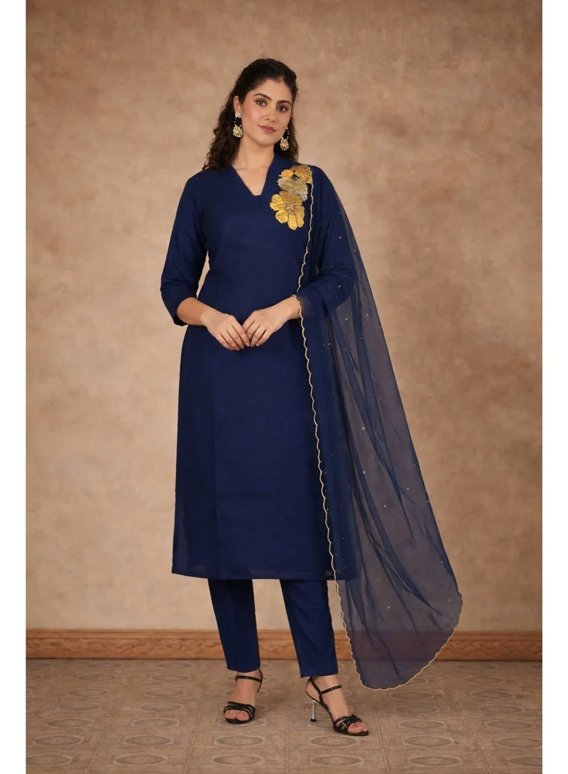 PRIYA'S PANACHE Royal Blue Silk Straight Kurta Pant Set with Collared Neck & Organza Dupatta.