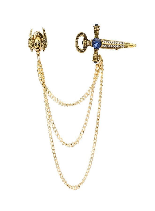 Knighthood Flying Skull and Rhinestone Sword Collar Brooch -Gold - Image 1