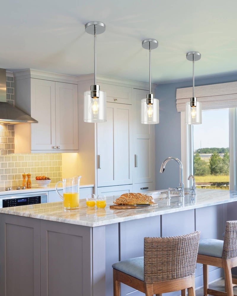 KLSS Chrome Pendant Lights Kitchen Island - Clear Glass Pendant Light Fixture Multiple Stems Rods 3 Units 12 Inch 3 Units 4 Inch (2 Pack Chrome Downrod) - Image 1