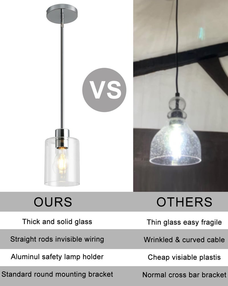 KLSS Chrome Pendant Lights Kitchen Island - Clear Glass Pendant Light Fixture Multiple Stems Rods 3 Units 12 Inch 3 Units 4 Inch (2 Pack Chrome Downrod) - Image 2