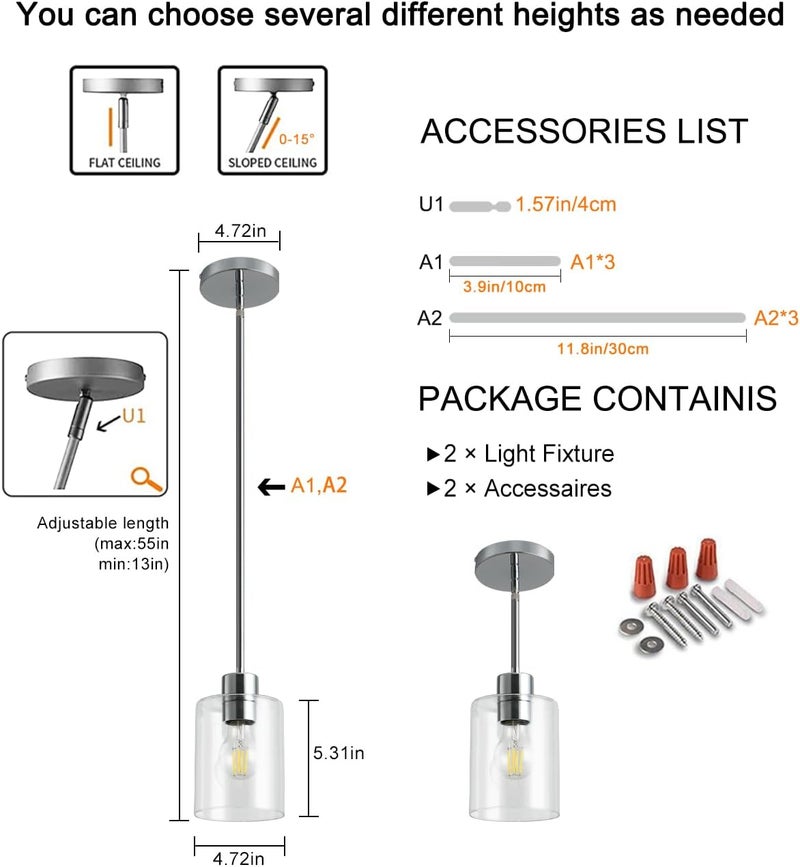 KLSS Chrome Pendant Lights Kitchen Island - Clear Glass Pendant Light Fixture Multiple Stems Rods 3 Units 12 Inch 3 Units 4 Inch (2 Pack Chrome Downrod) - Image 4