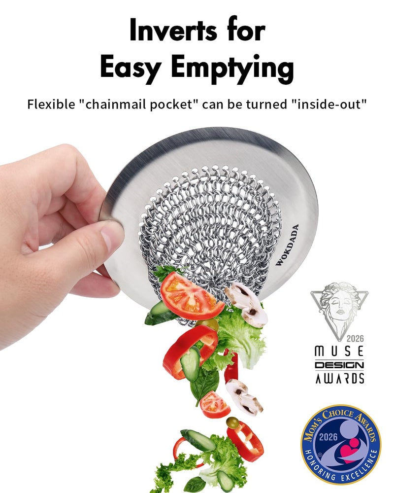 Wokdada Revolutionary Kitchen Sink Drain Strainer/Patented Reversible Chain Mesh, Effortless Cleaning & Debris Catcher, Large Capacity, No Clog, 304 Stainless Steel & Rust-Proof/Handmade - Image 2