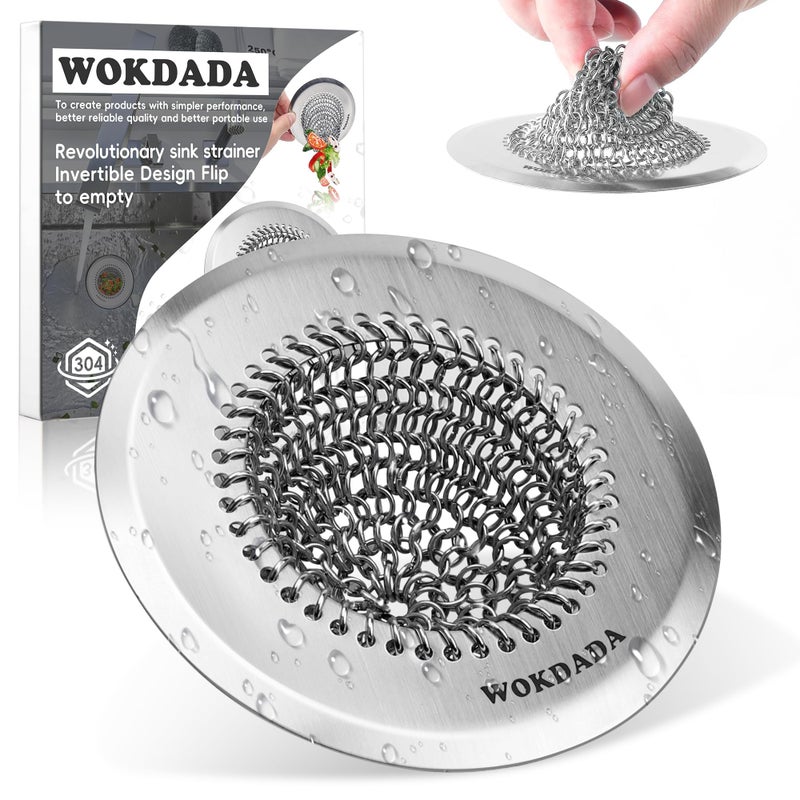 Wokdada Revolutionary Kitchen Sink Drain Strainer/Patented Reversible Chain Mesh, Effortless Cleaning & Debris Catcher, Large Capacity, No Clog, 304 Stainless Steel & Rust-Proof/Handmade - Image 1