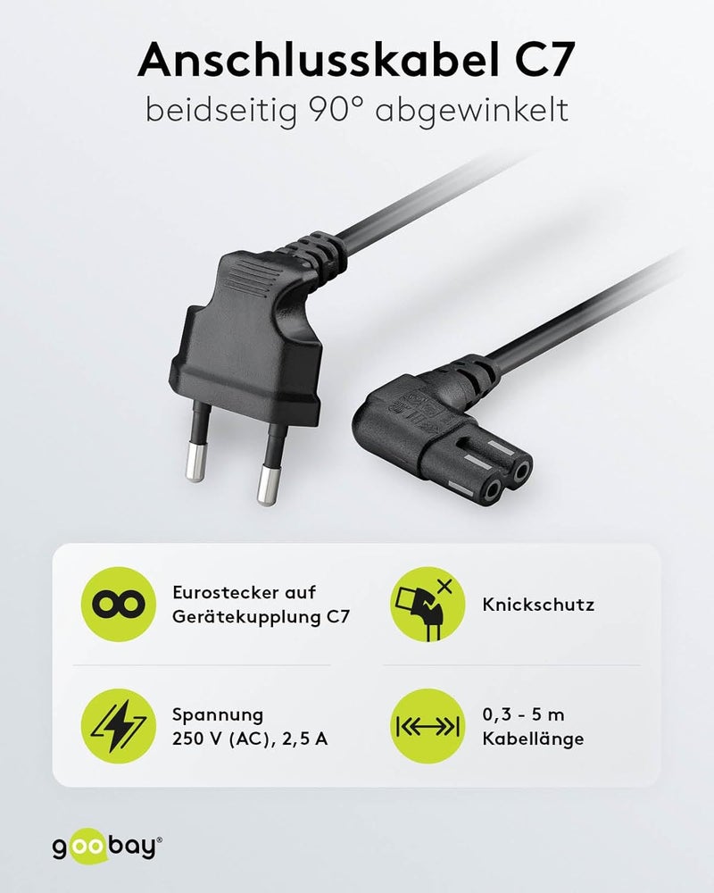 Goobay 97354 Power Cable 3 m Angled 90° with Euro Plug to C7 Socket 2-Pin Power Cable for PS5, PS4, Xbox, TV, Radio, Notebook, Power Supply, Black - Image 2