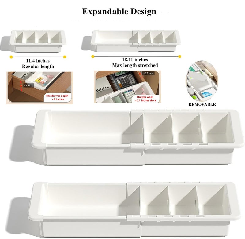 YOOUSOO Expandable Drawer Organizer, 2 PCS Adjustable Drawer Organizer Trays, Drawer Dividers Organizers and Storage For Office Supplies, Pens, Makeup,Utensils, Tools, Flatware and Junks, White - Image 5
