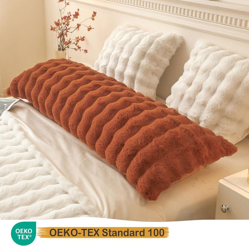 LIFEREVO غطاء وسادة جسم من فرو الأرنب الصناعي الناعم، غطاء وسادة فخمة مريحة مع سحاب، 20"x54" غطاء وسادة فuzzy furry لتزيين غرفة النوم، برتقالي محترق - Image 3