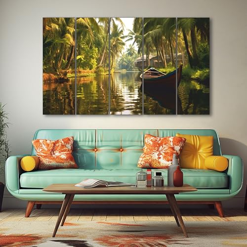 The Castle Decor Kerala backwaters painting with frame 5 Big Size (27x48) Wall Art for living room,Bedroom,Drawing room,Hotels-Digital Painting - Image 1