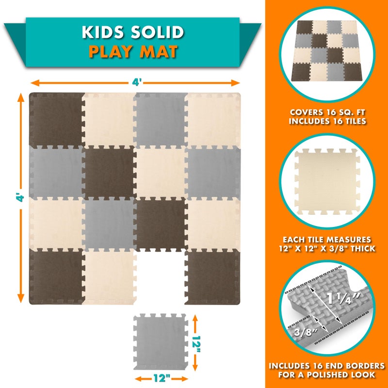 ProSource Foam Puzzle Floor Play Mat for Kids and Babies with Solid Colors, 36 or 16 Interlocking Tiles with Borders, Brown/Beige/Grey - Image 2