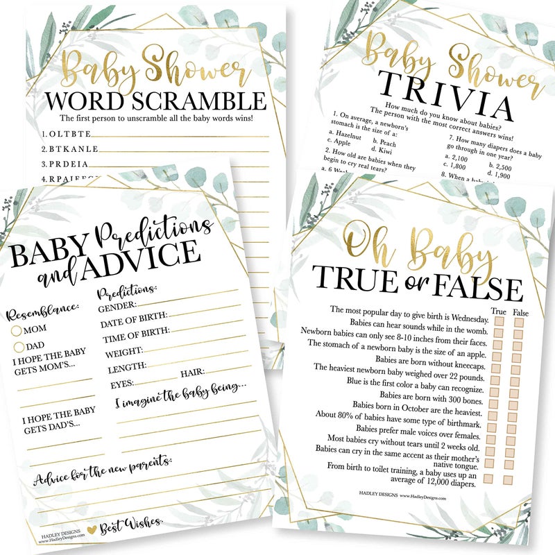 Hadley Designs Hilarious Baby Shower Games Set  50 DoubleSided Cards for 25 Guests 4 Games Predictions Trivia True or False Word Scramble Gender Neutral and Fun for Boys  Girls Greenery