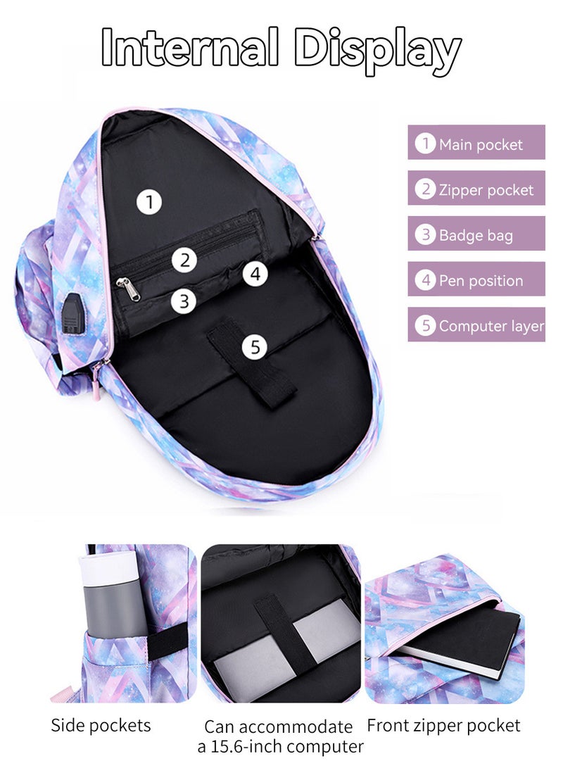 Moovant 3-Piece Printed Travel Backpack Set, Student Schoolbag Set, Backpack + Lunch Bag + Pen Case, USB Waterproof Backpack, 15.6" Laptop Backpack  - Image 4