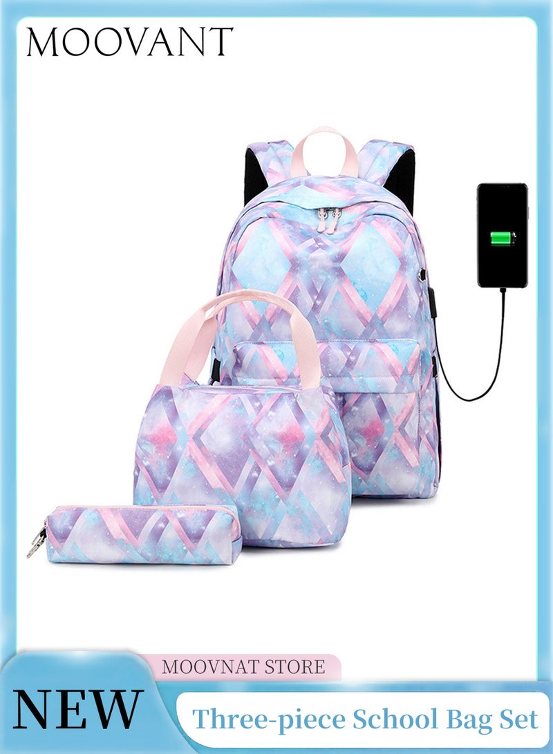 Moovant 3-Piece Printed Travel Backpack Set, Student Schoolbag Set, Backpack + Lunch Bag + Pen Case, USB Waterproof Backpack, 15.6" Laptop Backpack  - Image 1