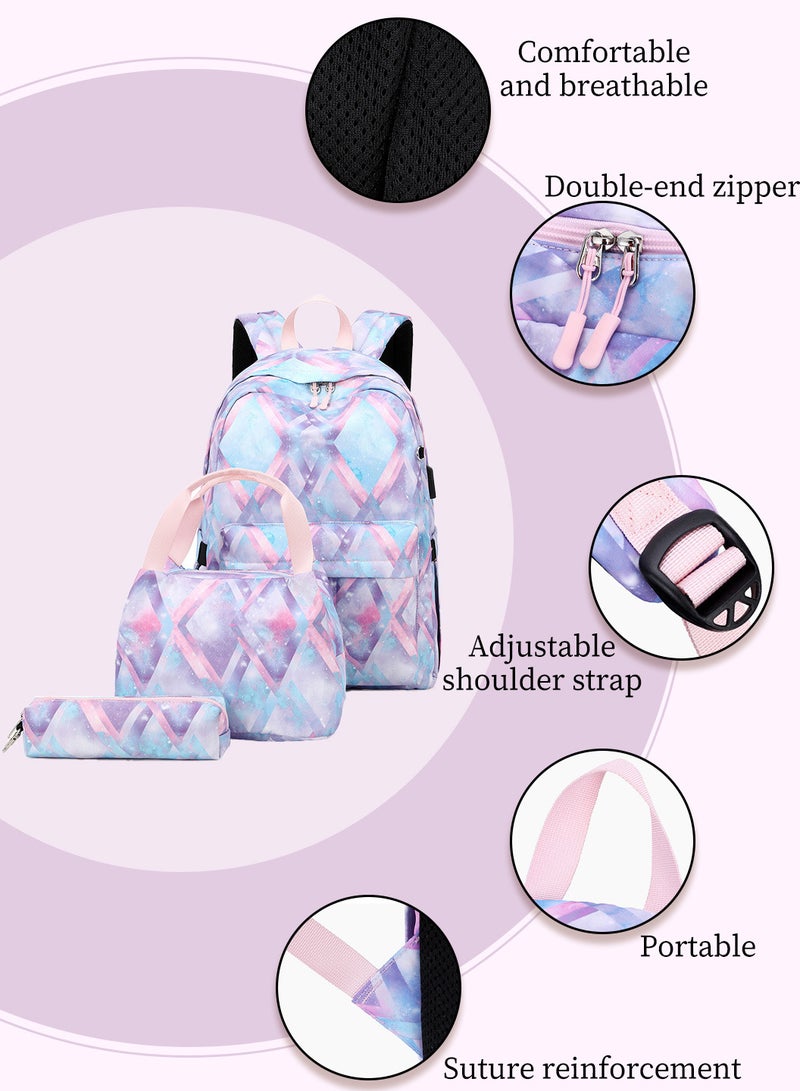 Moovant 3-Piece Printed Travel Backpack Set, Student Schoolbag Set, Backpack + Lunch Bag + Pen Case, USB Waterproof Backpack, 15.6" Laptop Backpack  - Image 5